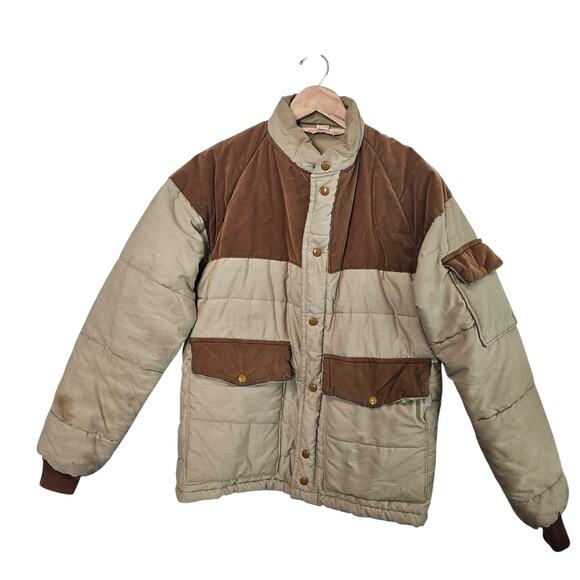 Vintage Puffer Coat Mens Small Tan Brown 80s Utility Farm Ranch Western Warm - Picture 1 of 13